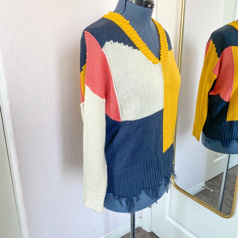 Umgee Sweater Color Block Fringe Patchwork Knitted - image 2